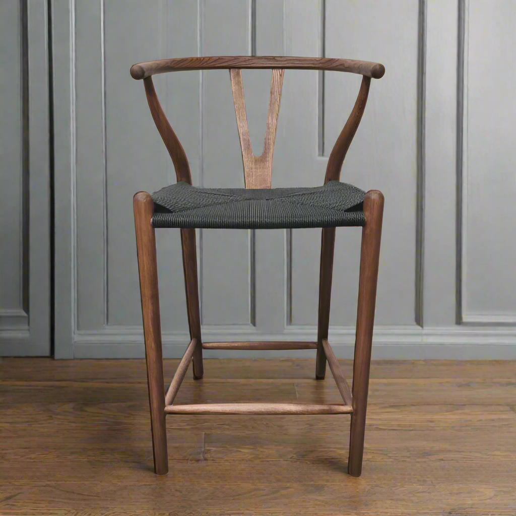 Iben Midcentury Style Walnut Counter Stool Black Cord Seat