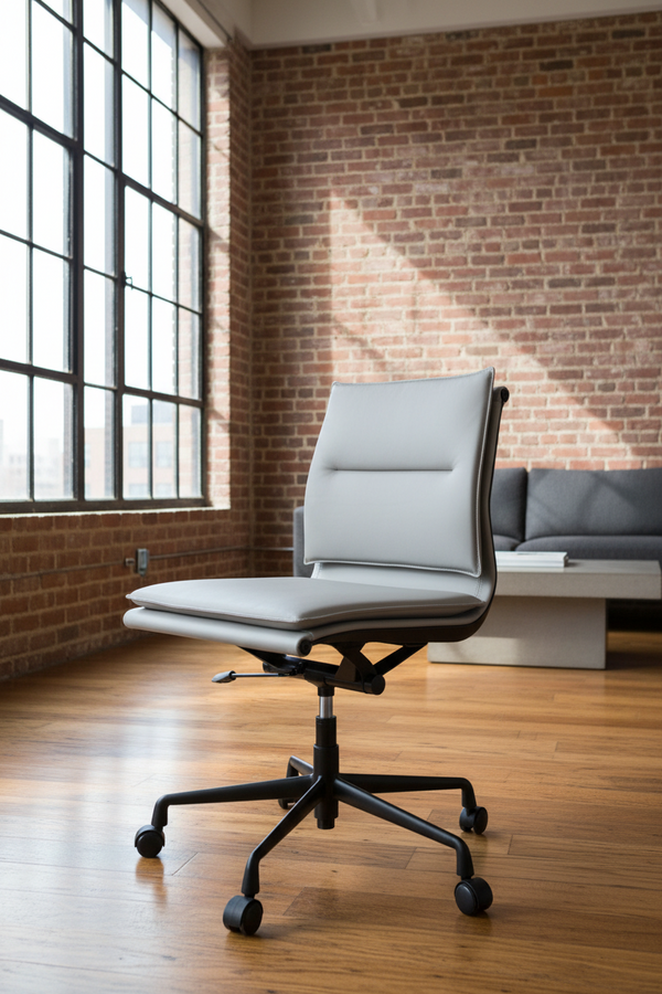 Grey leather office chair with black wheels and no armrests