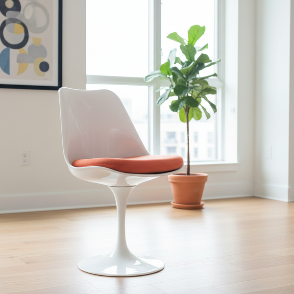 Modern pedestal swivel chair with a white shell and orange cushion 