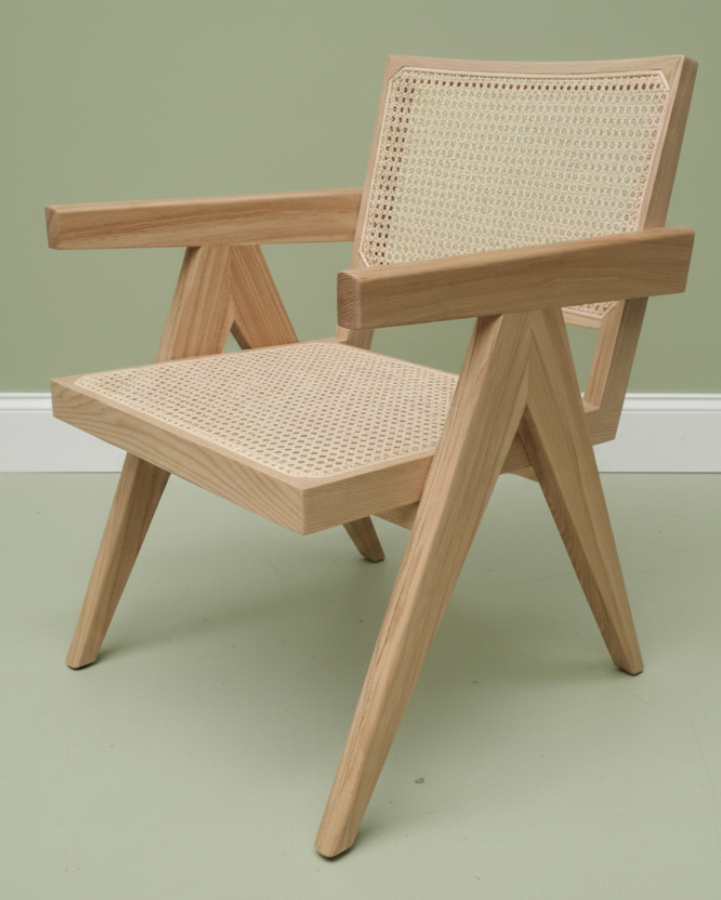 A light natural wood armchair with a woven cane seat and backrest, positioned against a sage green wall and matching green floor.