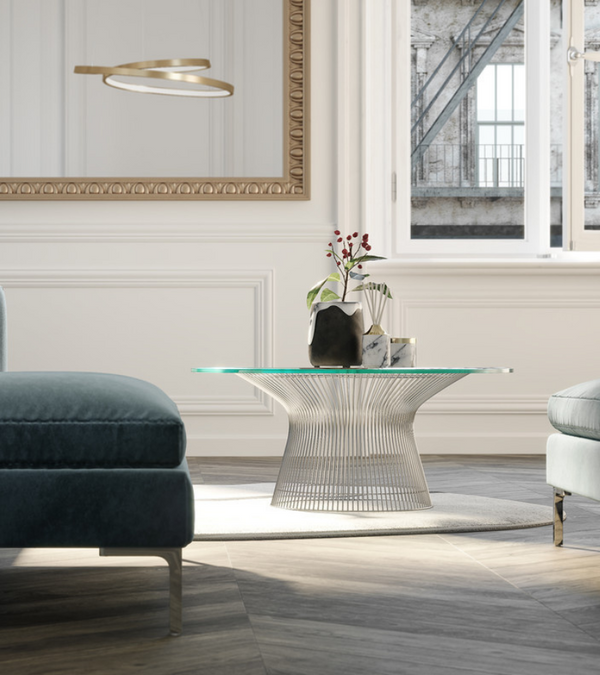 Warren 90cm Round Glass Coffee Table with Lattice Steel Base