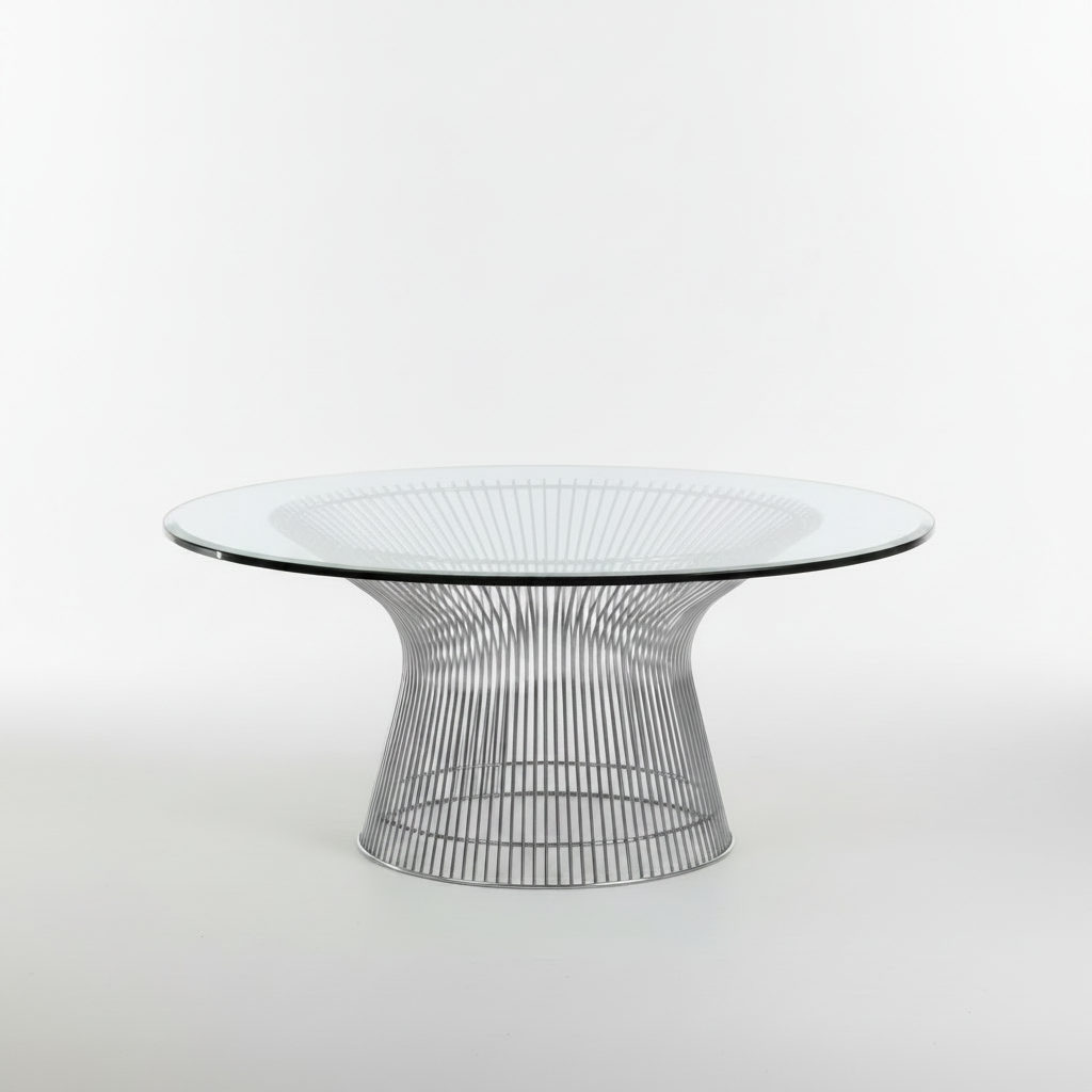 A coffee table with a steel lattice base and a circular tempered glass top.